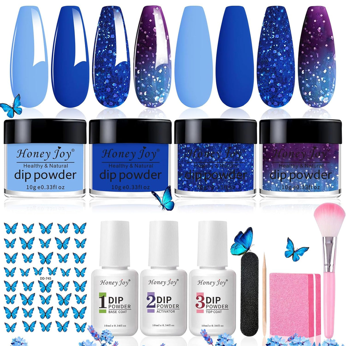 Honey Joy Dip Powder Nail Kit Starter,4 Colors Navy Blue Sky Blue Purple Glitter Dipping Powder