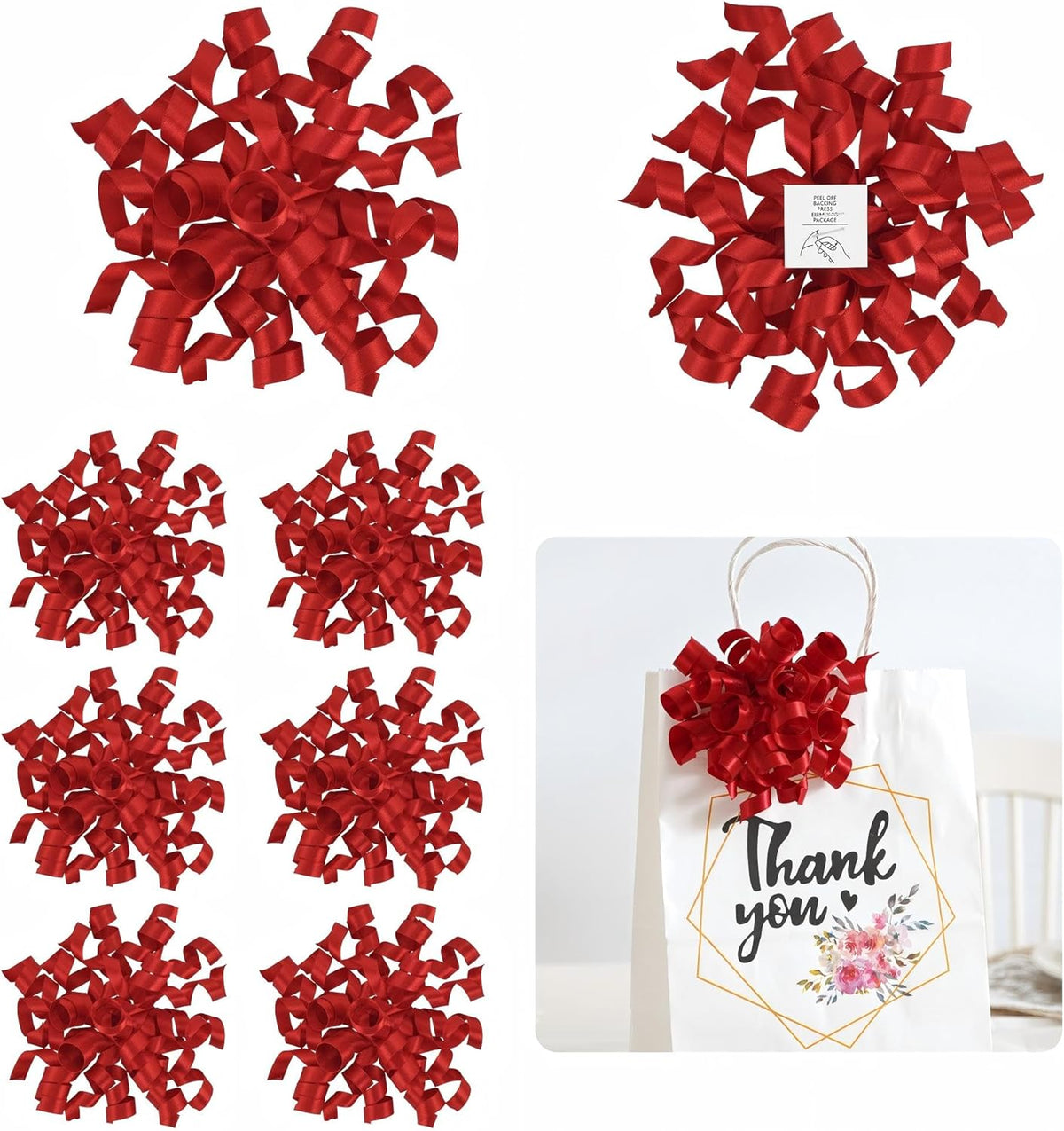 5 Inch Red Bows Curly Ribbon Bows for Gift Wrapping, Satin Bows with Double-Sided Tape, Self