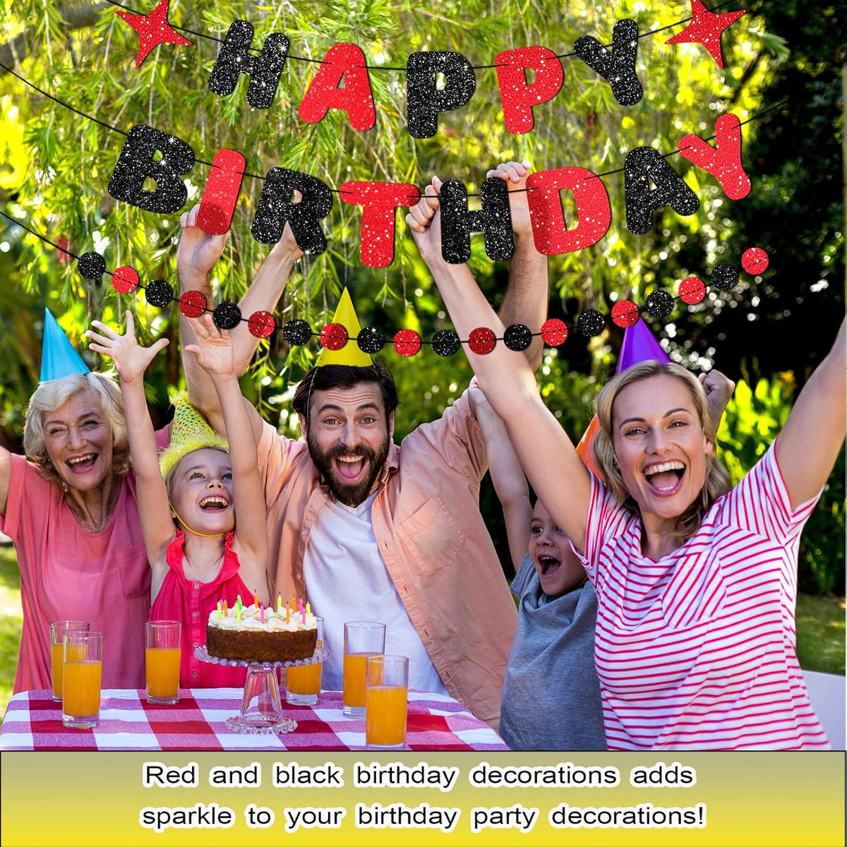 Red and Black Happy Birthday Banner Glitter Garland for Black and Red Decorations Happy Birthday