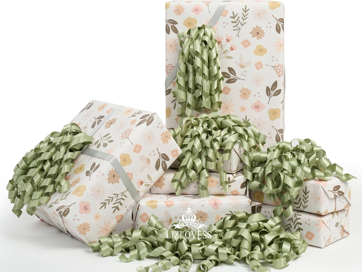 6 Inch Sage Curly Bows for Gift Wrapping Set of 6, Self Adhesive Bows Green Gift Bows for Presents