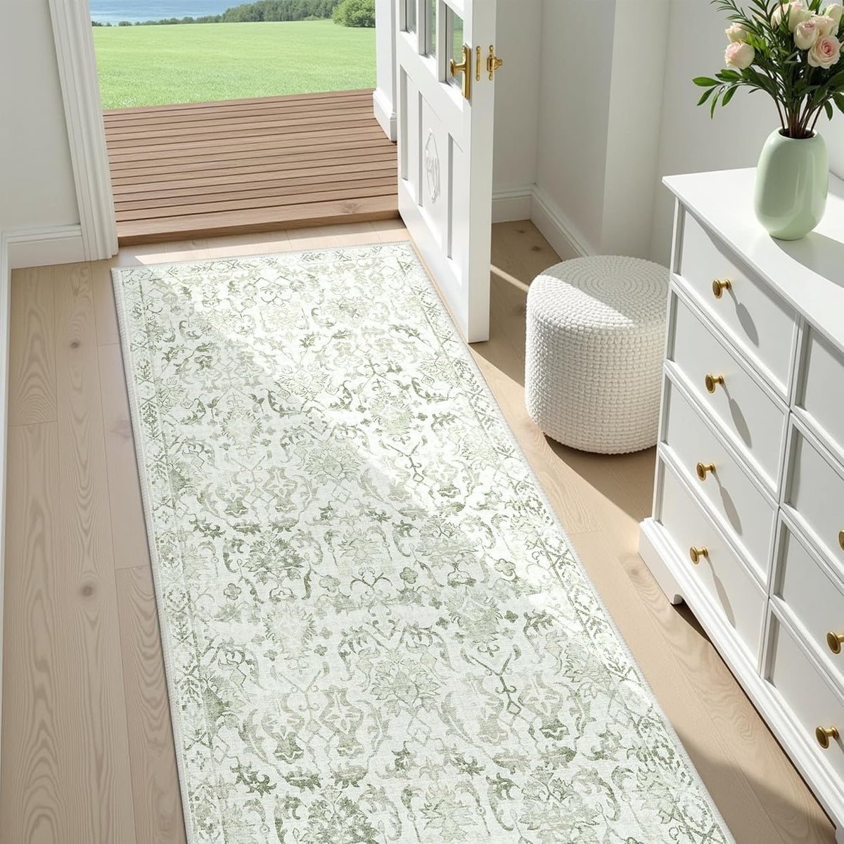 Sage Green 2x6 Runner Rug for Hallways Bed Side Kitchen, Boho Washable Distressed Low-Pile Floor