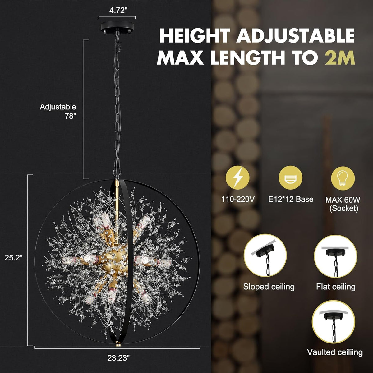 Modern Crystal Chandeliers Firework, 23.2'' Black Gold 12-Light Globe Dandelion Sputnik Chandelier