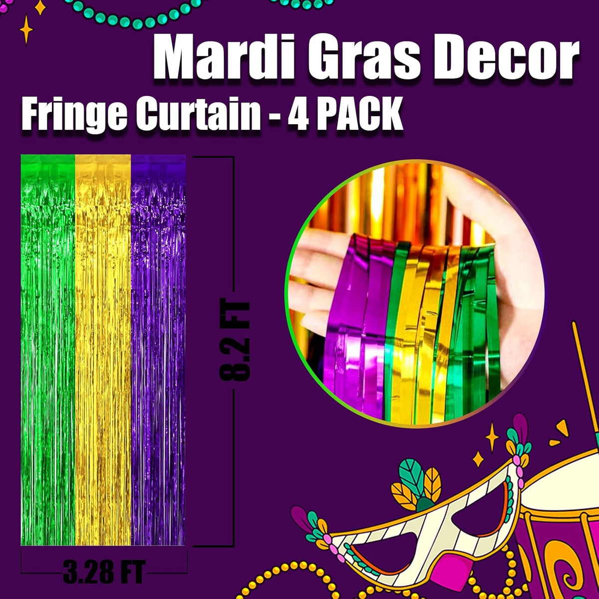 4 Pack Mardi Gras Foil Fringe Curtain Backdrop, 3.28Ft x 8.2Ft Gold Green Purple Metallic Tinsel