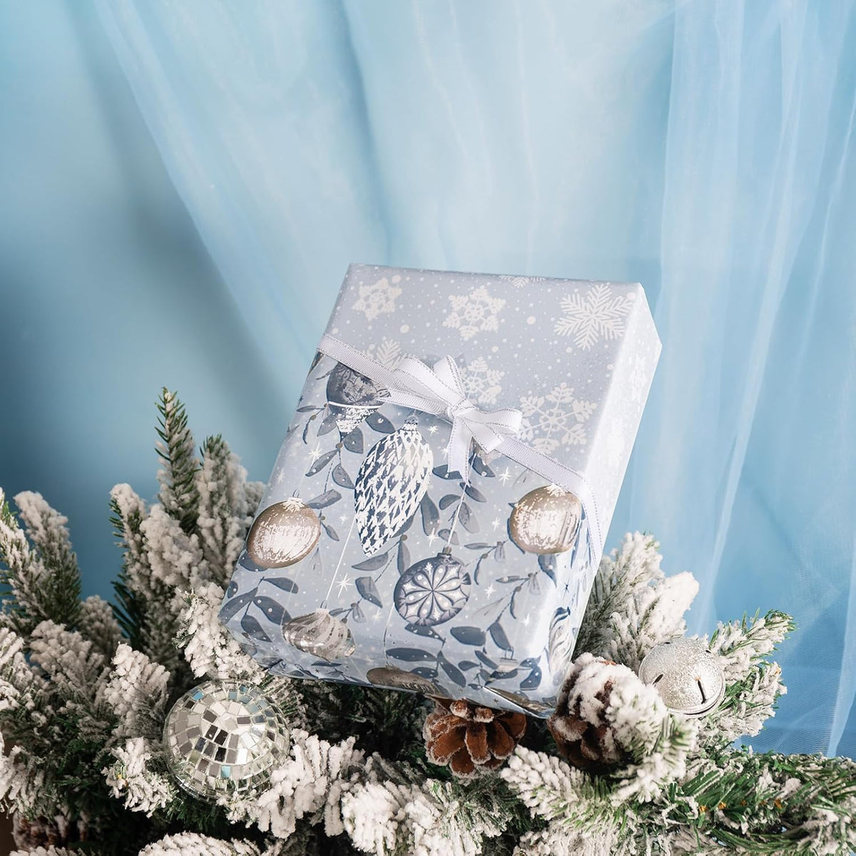 LeZakaa Christmas Silver Wrapping Paper Mini Roll, Silver Blue Christmas Ornaments, White Blue