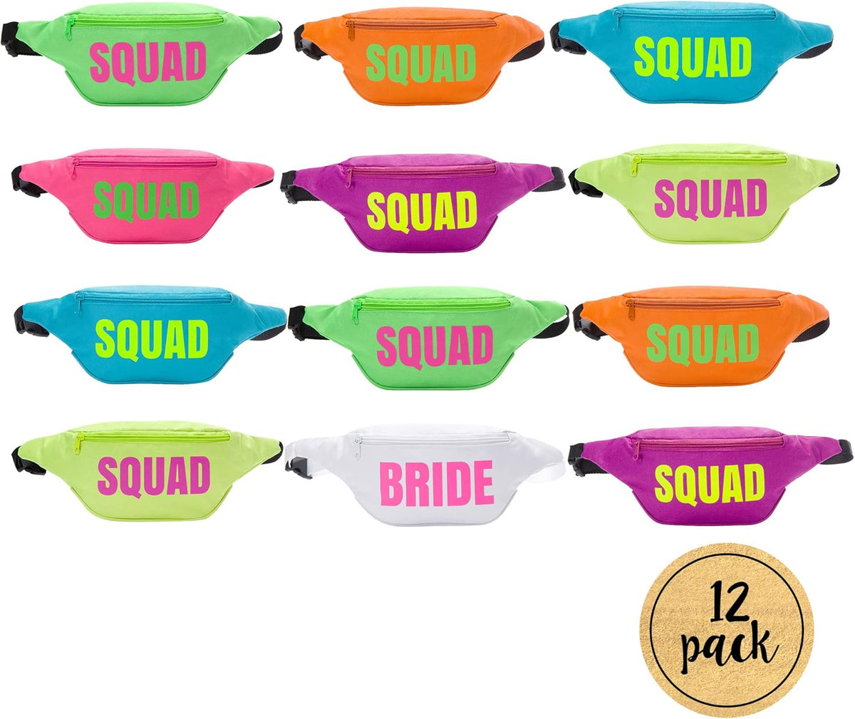 Bachelorette 80s Fanny Pack Set | 12 Pack | 1 Bride Fanny Pack and 11 Squad Fanny Packs |
