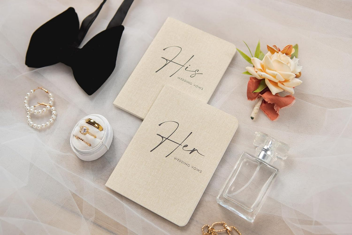 Slim Vow Books (Set of 2 - Design 4) - Soft Cream Canvas Linen Textured Cover Wedding Vow Booklets