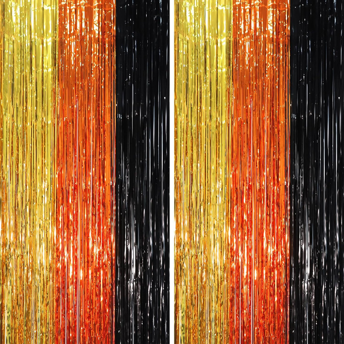 2 Pack Black Gold Orange Foil Fringe Backdrop Curtains, Tinsel Streamers Party Decorations, Fringe