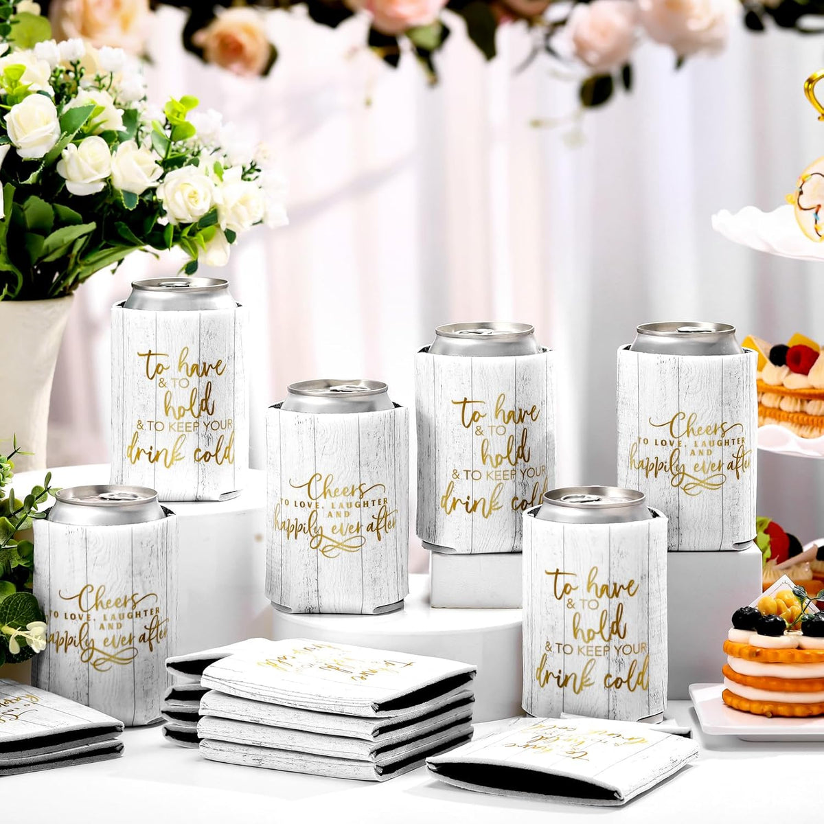 50 Pieces Wood Grain Wedding Can Cooler Sleeves Bulk Engagement Party Favors for Guests Cheers to