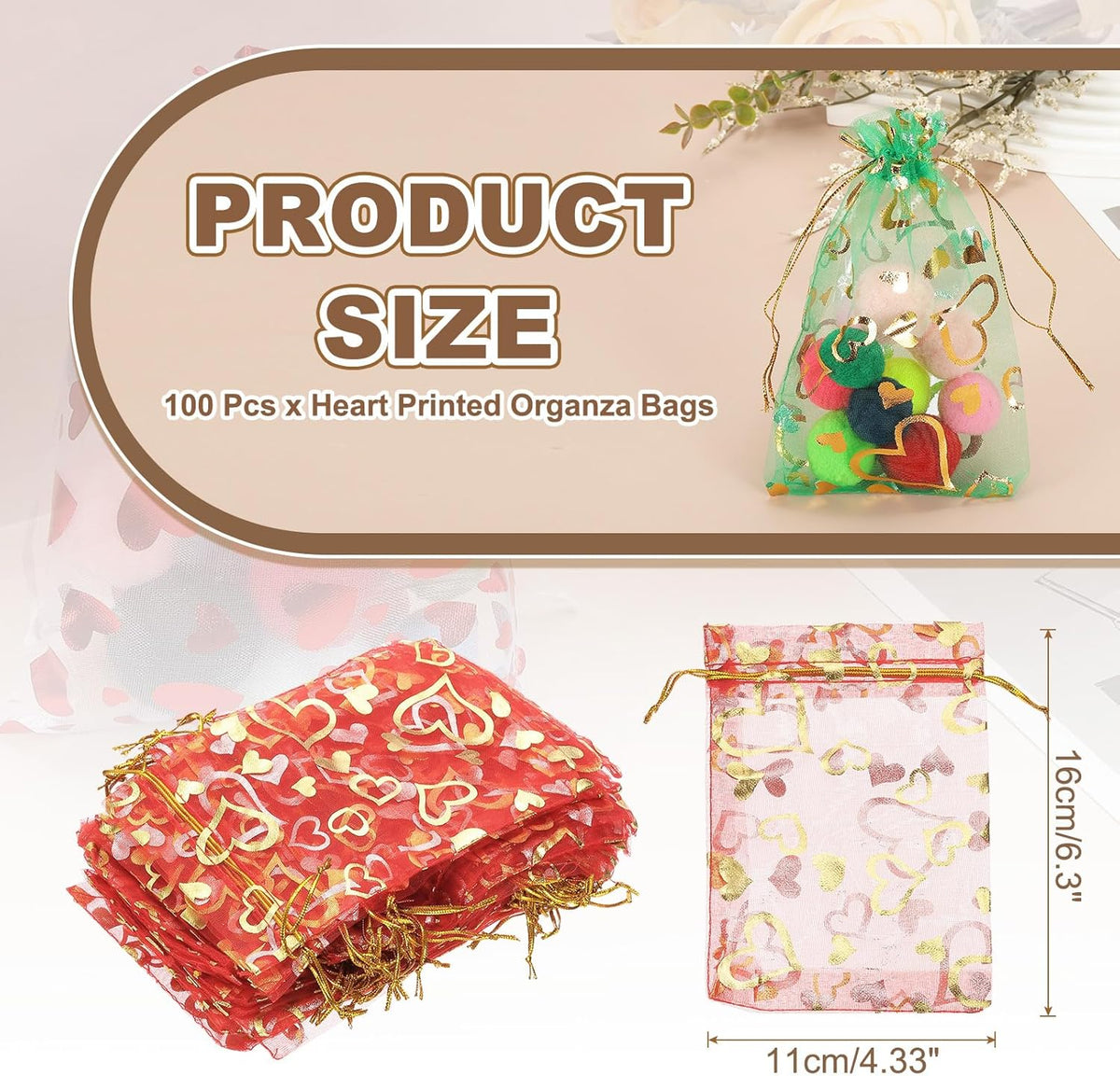 PATIKIL 100 Pcs 4x6 Inch Heart Printed Organza Bags, Red Sheer Heart Organza Bags with Drawstring