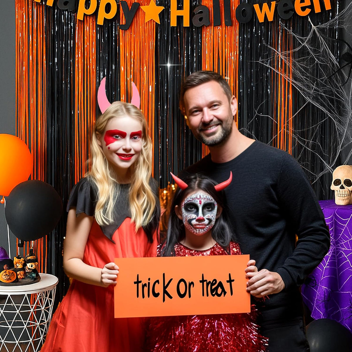 4 Packs Halloween Foil Fringe Curtain, Orange and Black Metallic Tinsel Backdrop for Birthday, Baby
