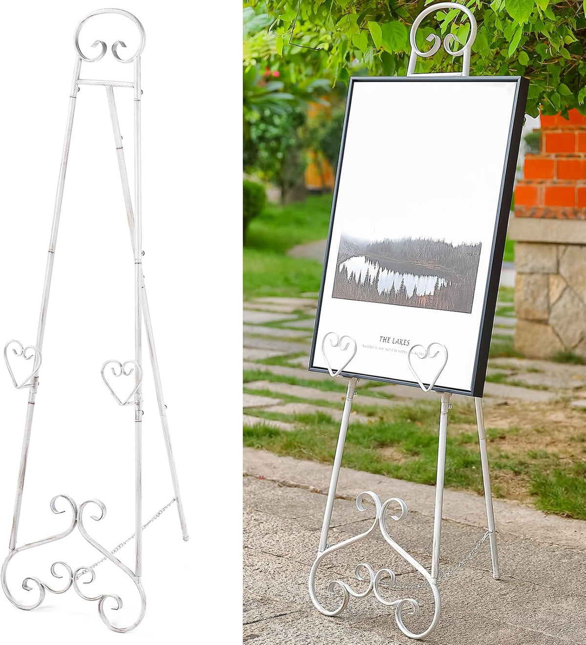 Extra Large Free Standing Adjustable Display Stand Easel with Chain Support, Retro White Decorative