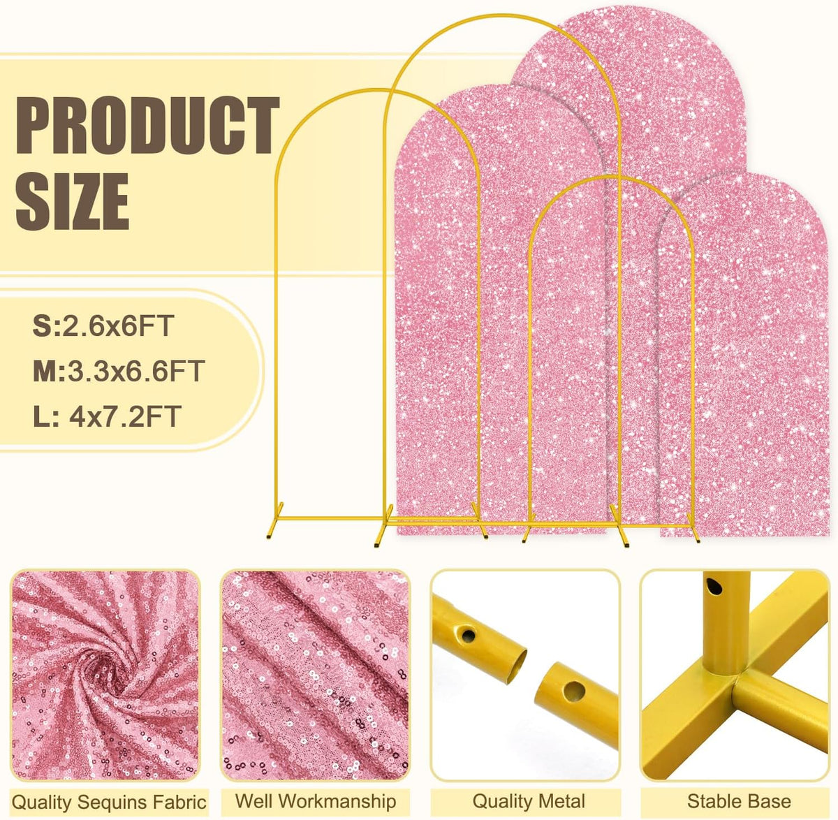 MODFUNS Metal Arch Backdrop Stand and Cover Set 6&6.6&7.2ft Pink Gold Sequins Arch Backdrop Covers