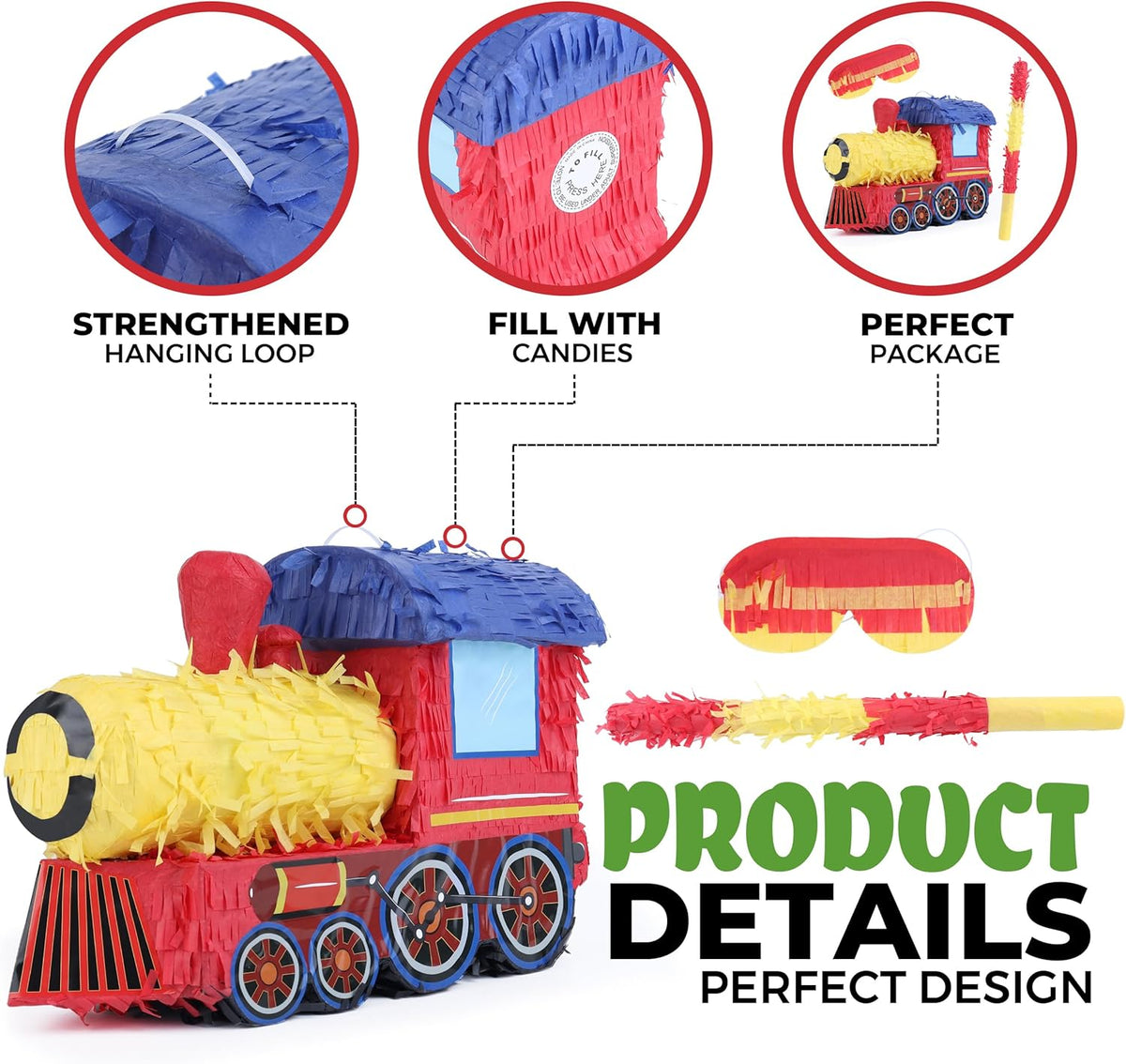3D Train Pinata Bundle with a Blindfold and Bat (16x10.6x6.7 Inches), Train Pinata for Boys