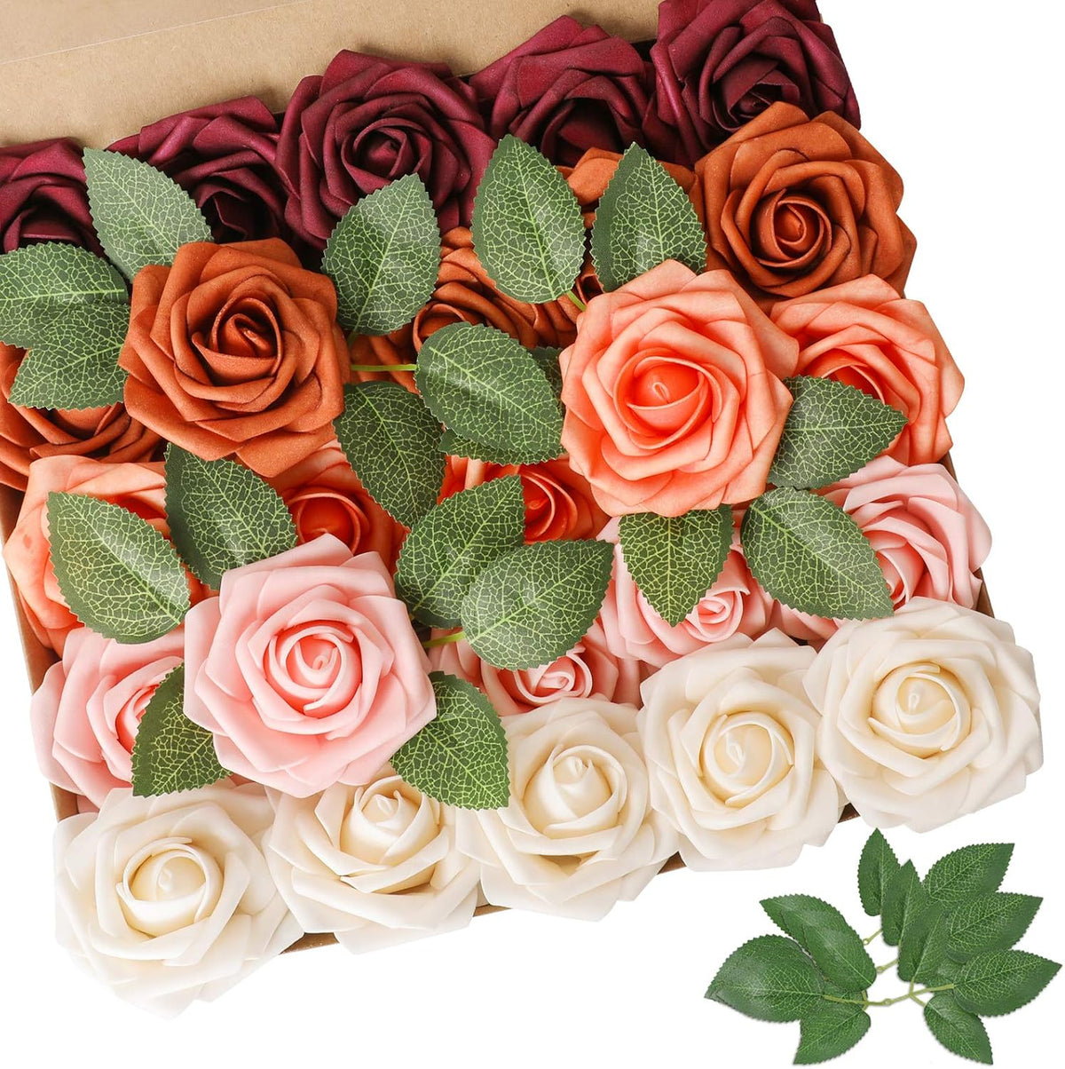 AmyHomie Artificial Flower Shades of Burgundy Rose 25pcs Real Looking Fake Roses w/Stem for DIY