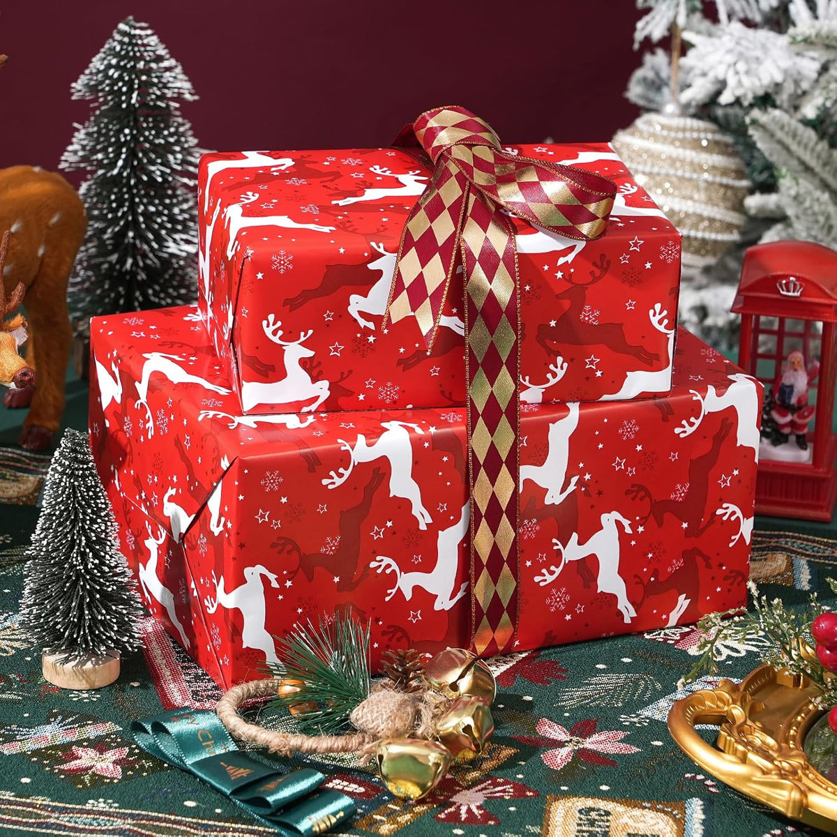 Ulmasinn Reversible Christmas Wrapping Paper Roll - 17" x33ft Double-Sided Designs with Red Nordic