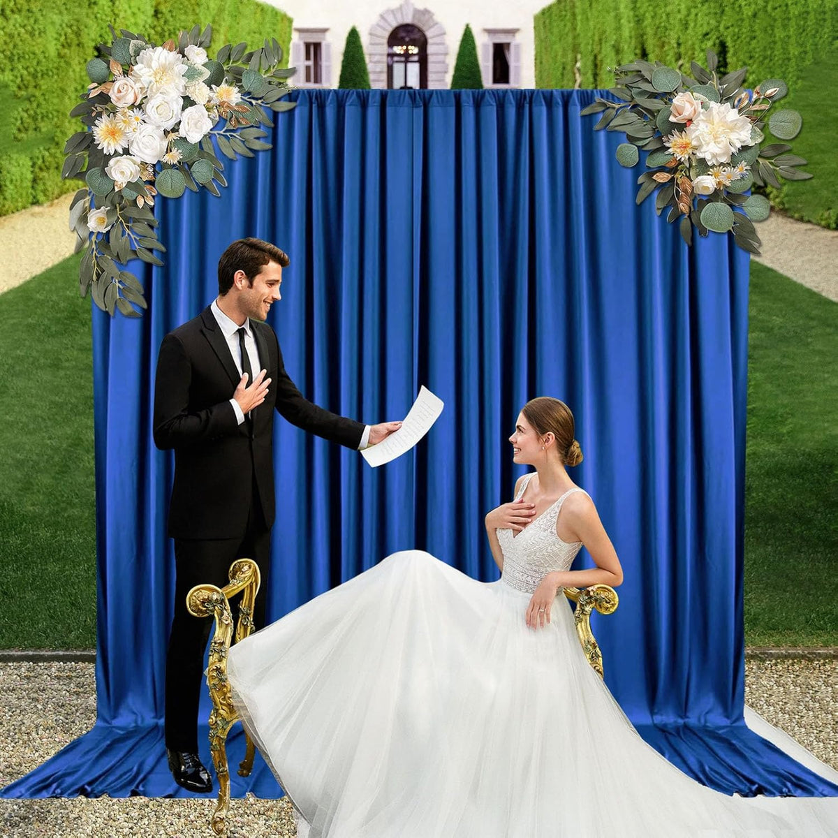 10ft x 10ft Royal Blue Backdrop Curtains for Parties, Fabric Satin Background Curtain with Rod