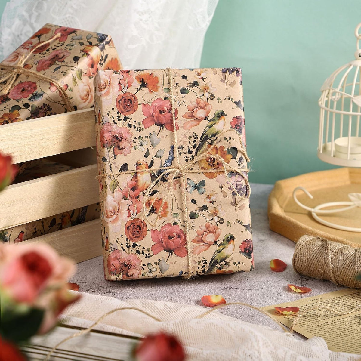 RUSPEPA Blooming Flower Wrapping Paper with Bird and Butterfly Design, 17 in x 32.8 ft Each Roll