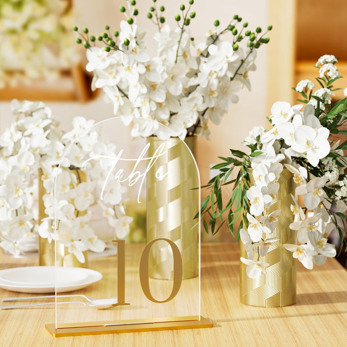 Arch Wedding Table Numbers 1-10 with Stands, Elegant Gold Number 5.5 x 7” Arch Acrylic Signs with