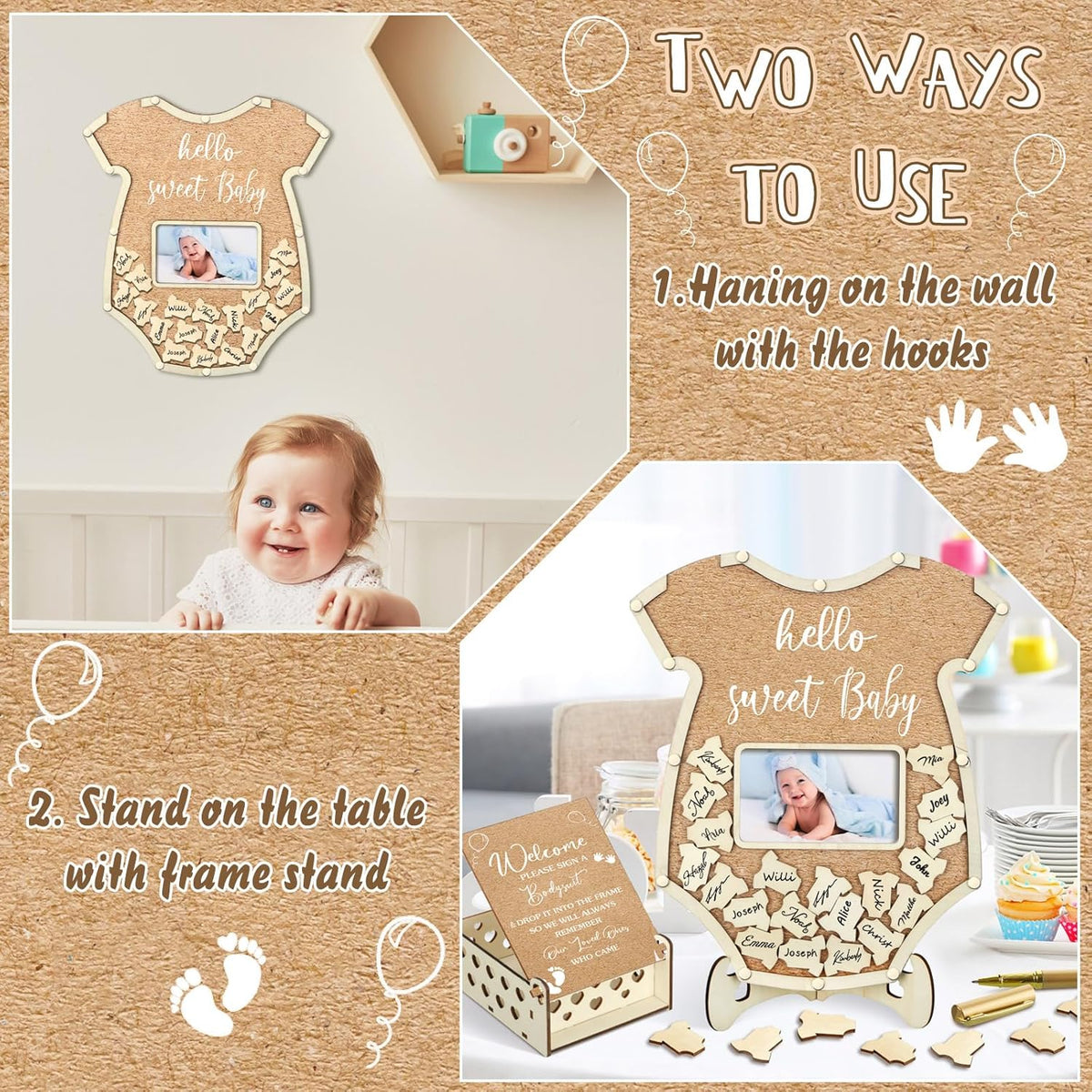 Wenqik 63 Pcs Bodysuit Baby Shower Guest Book Alternatives Set Baby Shower Decorations with Photo