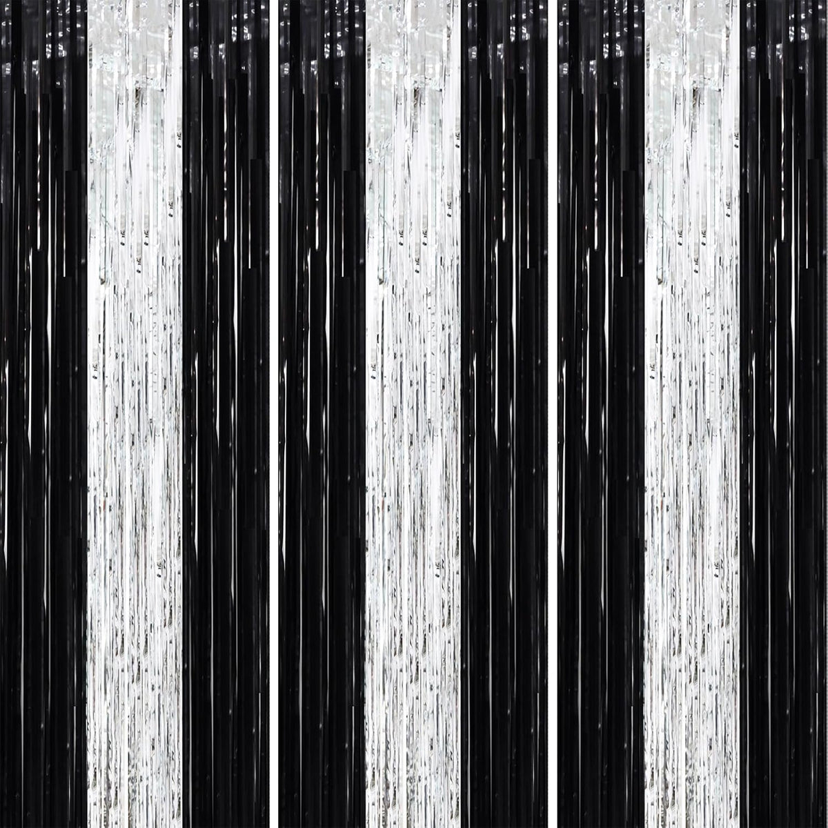3 Pack 3.3 x 8.2 ft Black and Silver Foil Fringe Backdrop Curtains, Tinsel Streamers Party