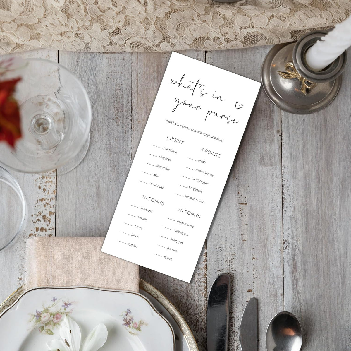 Bridal Shower Games, What's in Your Purse, 25Pcs 4x9inch Minimalist White Double-Sided Bridal Game