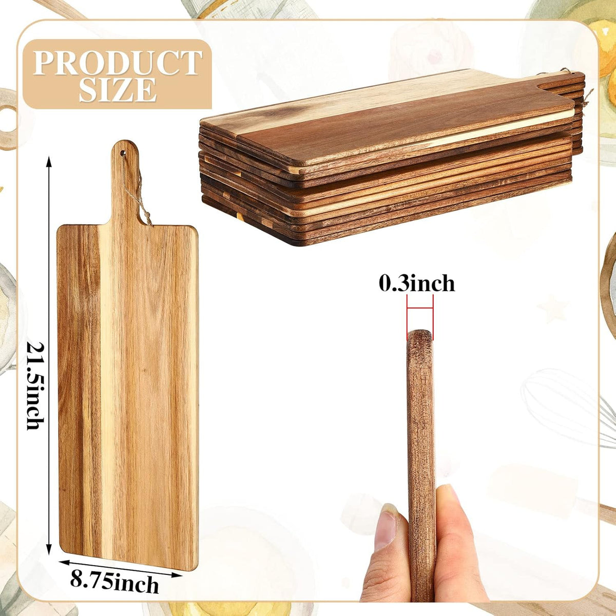 Patelai 12 Packs Wooden Cutting Board Set with Handles Large Kitchen Serving Plain Chopping Board