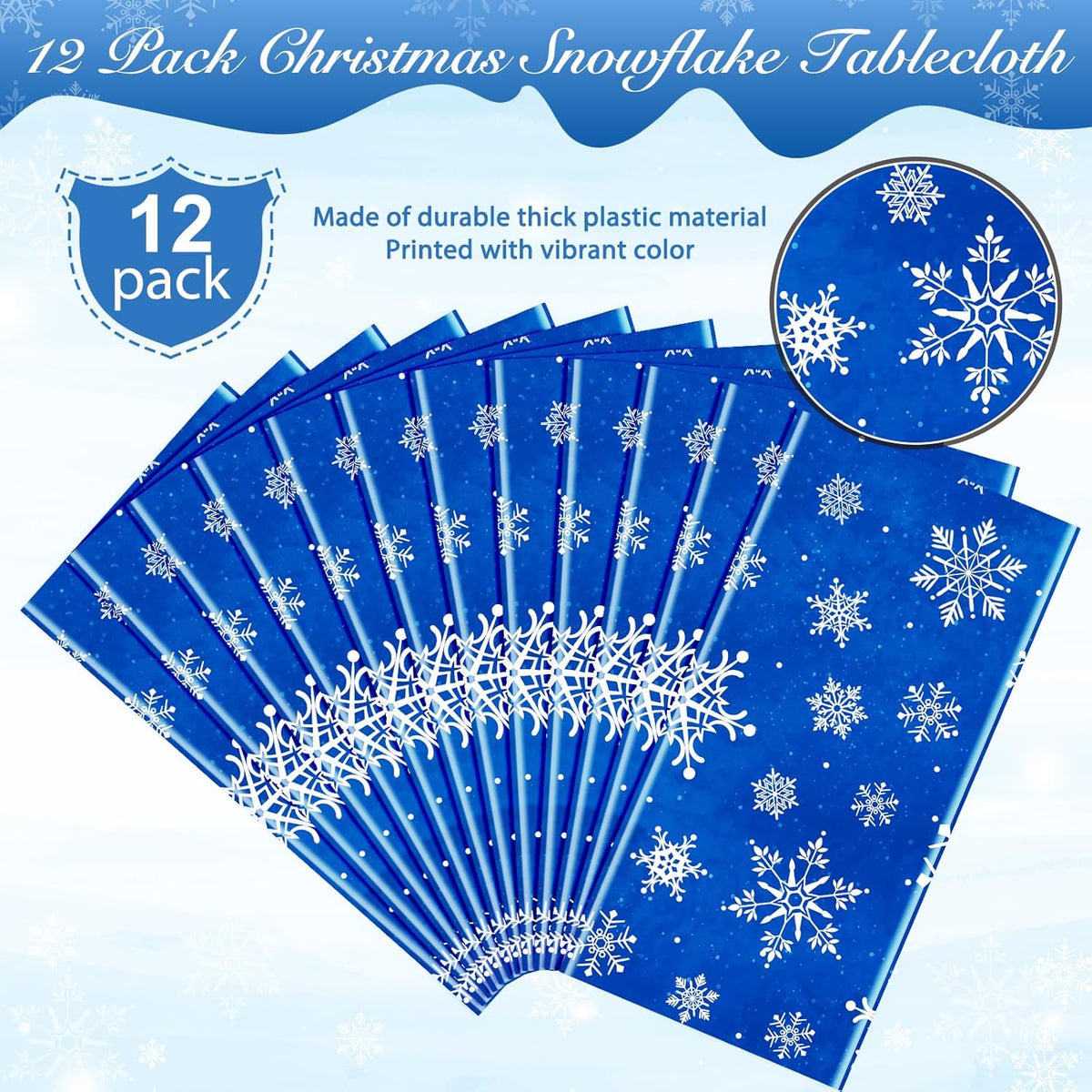 Jectivs 12 Pieces Christmas Snowflake Plastic Party Tablecloth Decorations,White Snowflake Blue