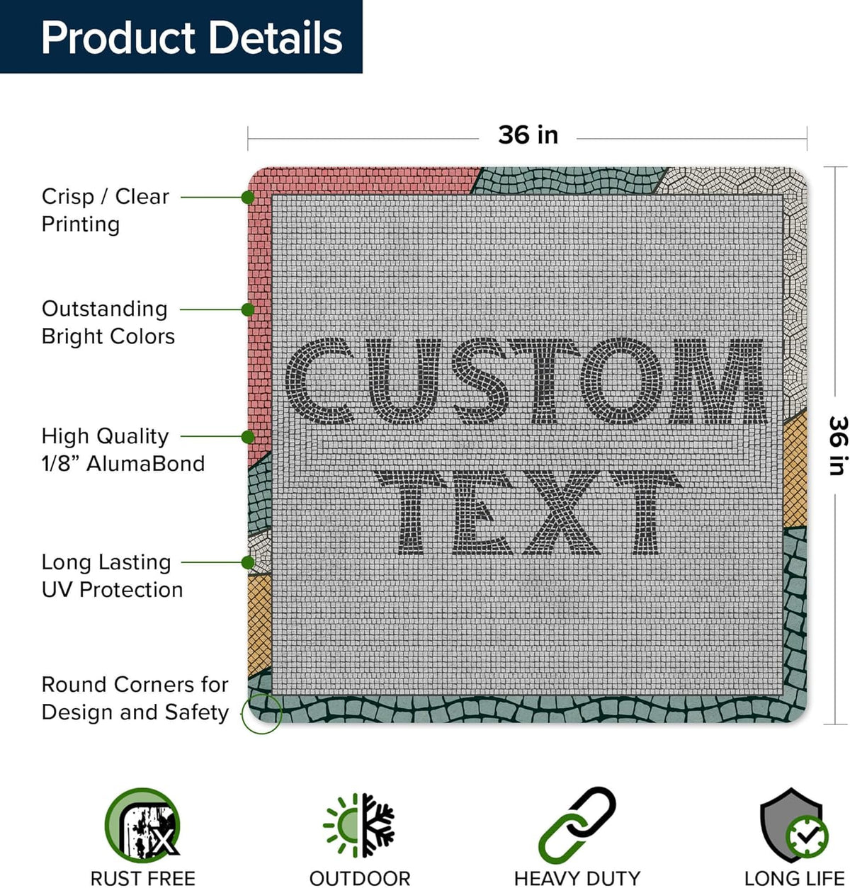 Custom Sign, Custom Street Sign, 11 Font Colors, 13 Font Styles, 4 Hole Options, 22 Sizes, 36x36