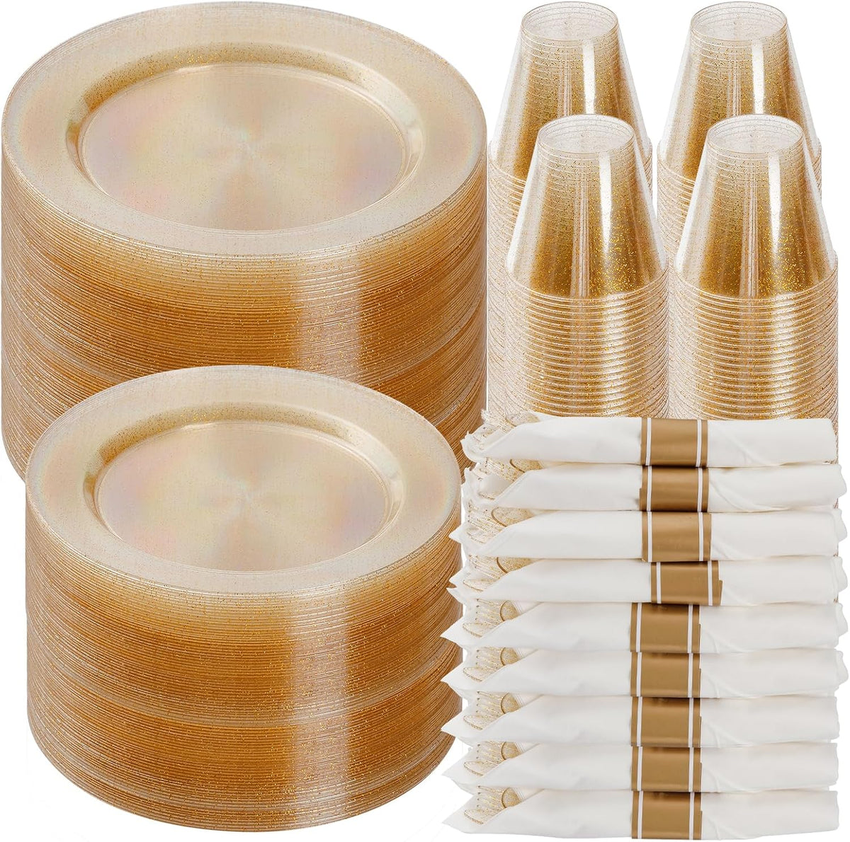 Goodluck 700 Piece Gold Glitter Plastic Dinnerware Set for 100 Guests, Disposable Plates for Party