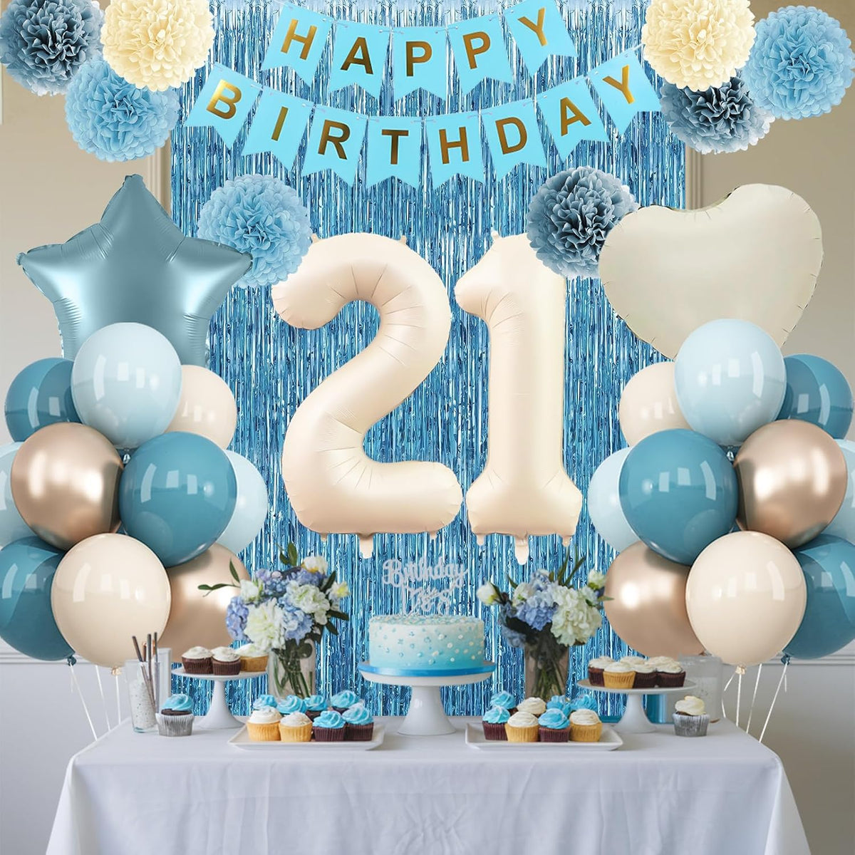 Dusty Blue 21st Birthday Decorations for Him Her Beige Cream Number 21 Balloon Blue Gold Happy