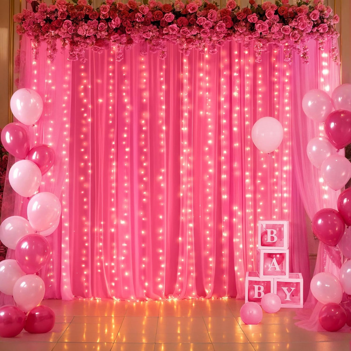 Hot Pink Tulle Backdrop Curtain with Lights for Parties 10x8ft Fuchsia Sheer Backdrop Curtains for