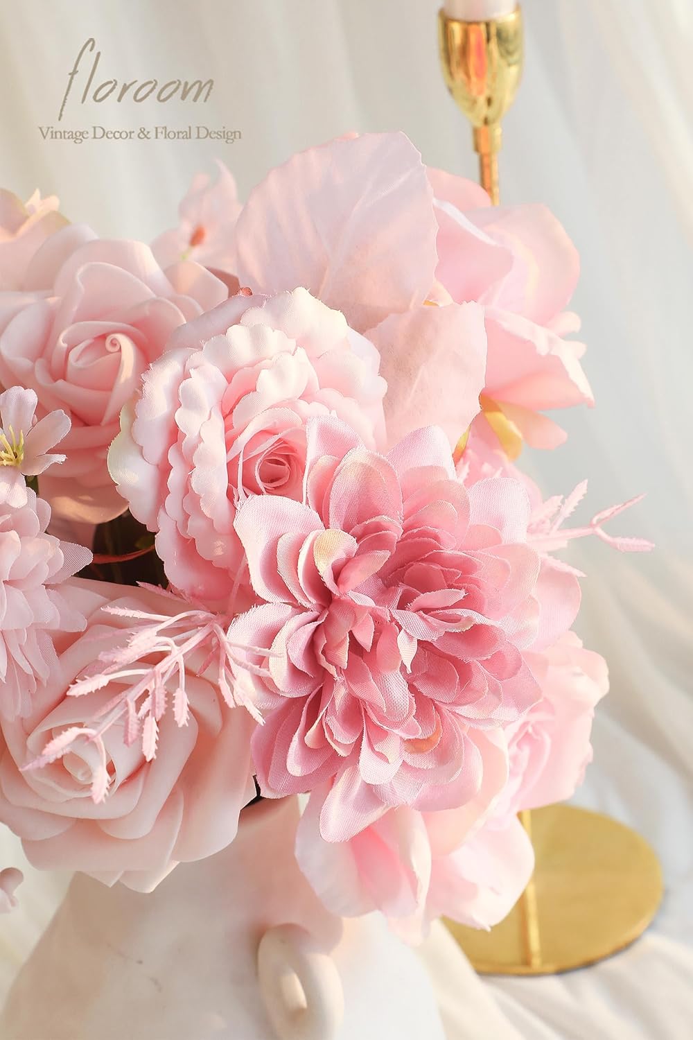 Floroom Blush Pink Artificial Flowers Fake Roses Peonies Dahlias and Greenery Combo Box Set for DIY