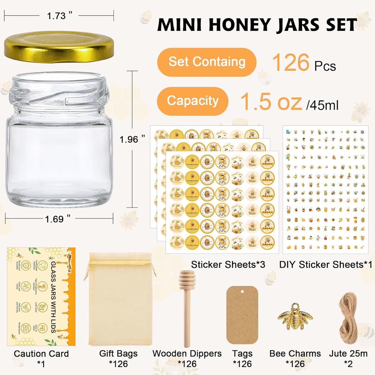 126 Pcs 1.5 oz Mini Round Glass Honey Jars with Dippers, Gold Lids, Bee Stickers, Bee Charms, Gift
