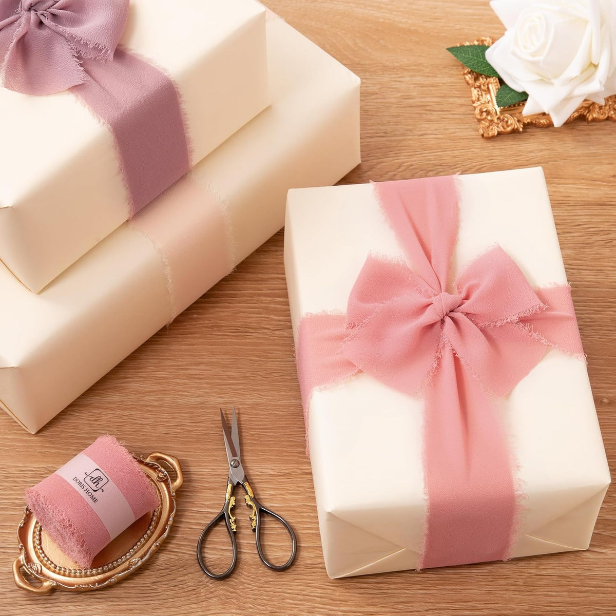 DORIS HOME 2" x21Yd Chiffon Ribbon for Flower Bouquet, Pink & Dusty Rose Fabric Ribbon for Gift
