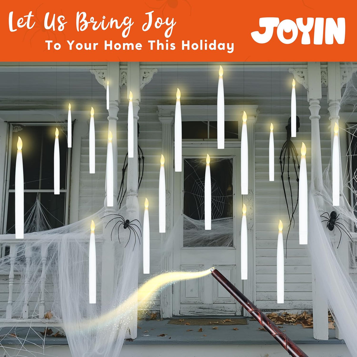 JOYIN 20Pcs Halloween Floating Candles with Wand Remote Flickering Warm Light Taper Magic Hanging