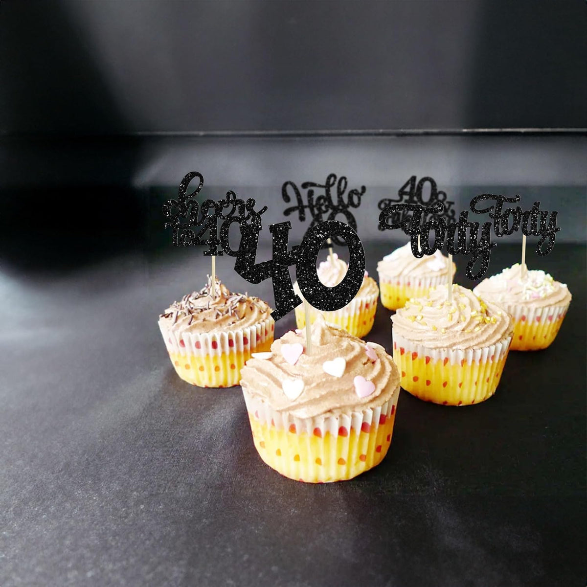 30pcs Happy 40th Birthday Cupcake Toppers - Black Glitter Forty Cheers to 40 Years Old Cupcake