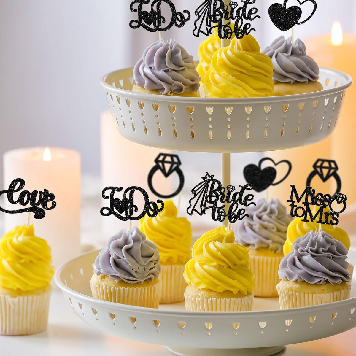 Gyufise 24Pcs Bride to Be Cupcake Toppers Black Glitter I Do Love Heart Ring Miss To Mrs Cupcake