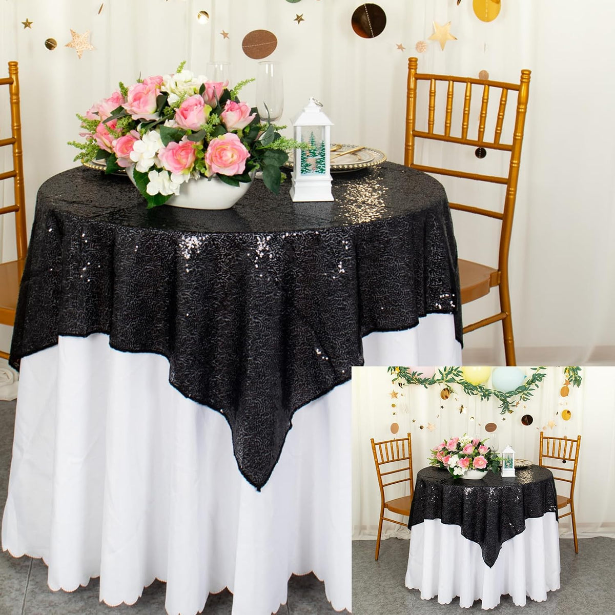 ShinyBeauty Black Tablecloths 36X36 Inch 2 Pieces Sequin Table Cloth for Party Sparkle Table Cloths