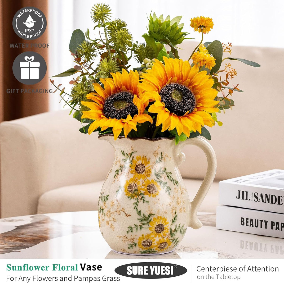 Sunflower Vintage Ceramic Yellow Floral Vase with Handle, Chinoiserie Floral Pitcher Vase, Rustic