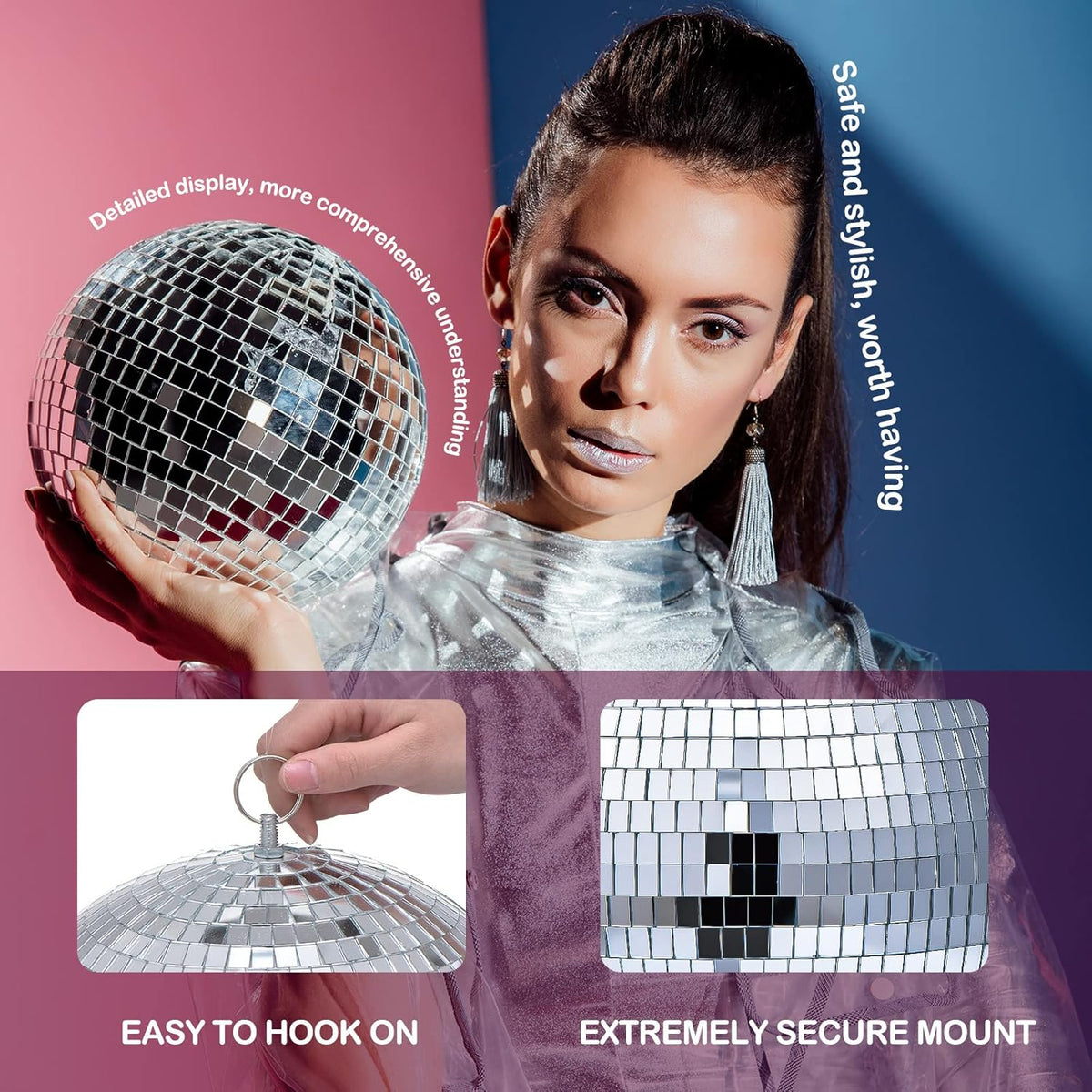 4 Pack Large Disco Balls Party Decoration Silver Hanging Reflective Mirror Ball Ornaments for