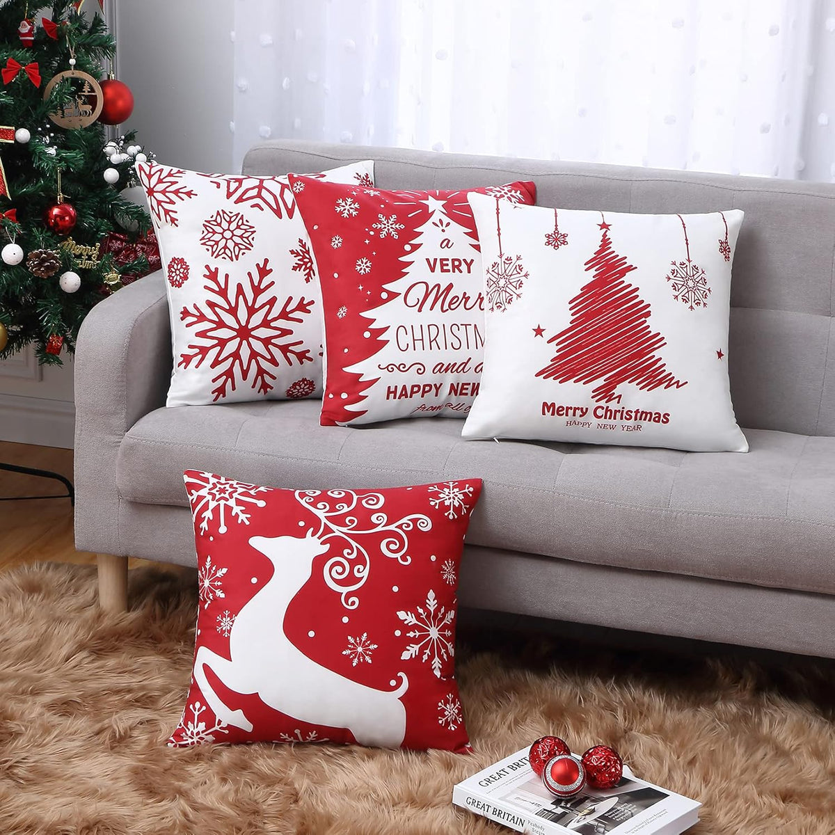 Christmas Pillow Covers 20x20 Set of 4 Farmhouse Christmas Tree Throw Pillow Case Snowflake