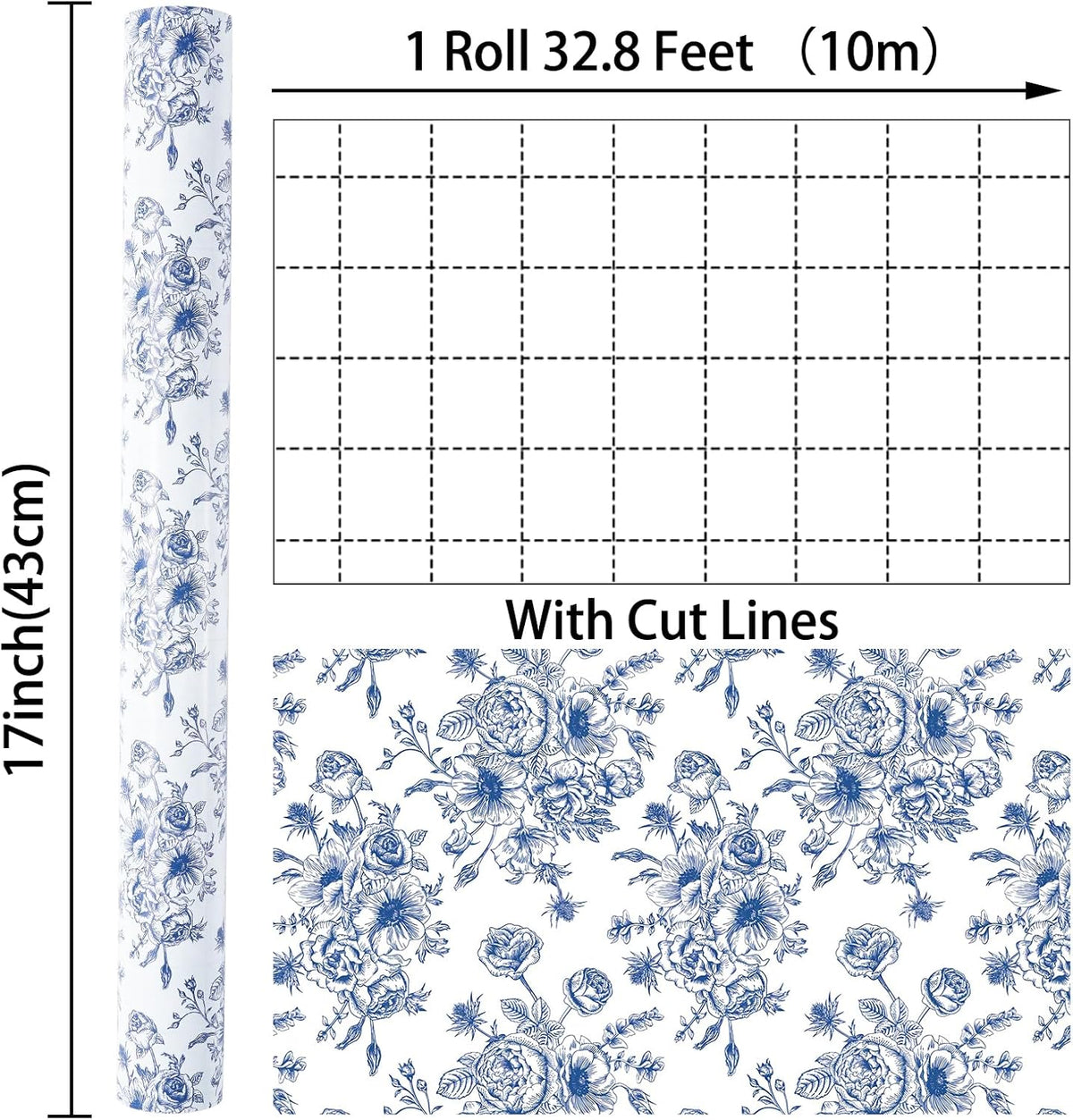 Ulmasinn Blue Floral Wrapping Paper Roll - 17 Inches x 33 Feet - Vintage Toile Blue Floral Design