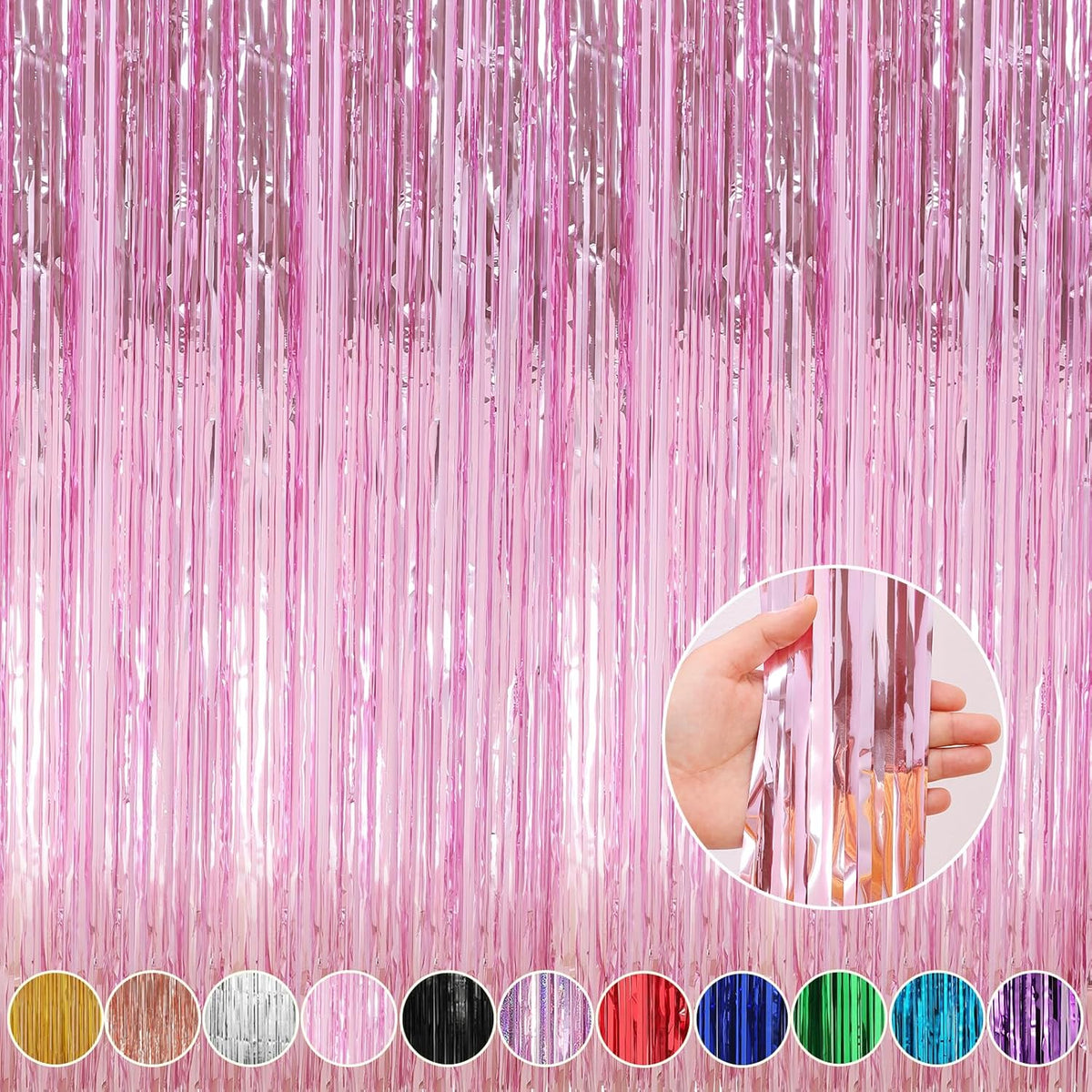 Crosize 4 Pack 3.3 x 9.9 ft Pink foil Fringe Curtains Party Decorations, Pink Tinsel Curtain