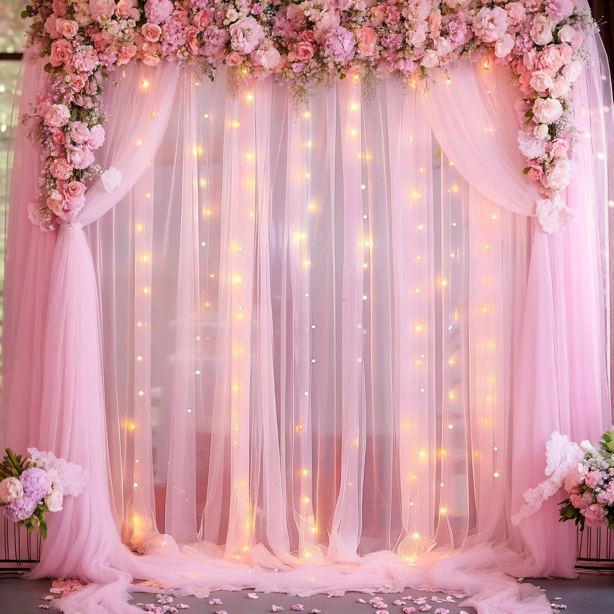 20ft x 10ft Pink Tulle Photo Backdrop Curtain with Lights String for Baby Shower Sheer Baby Pink