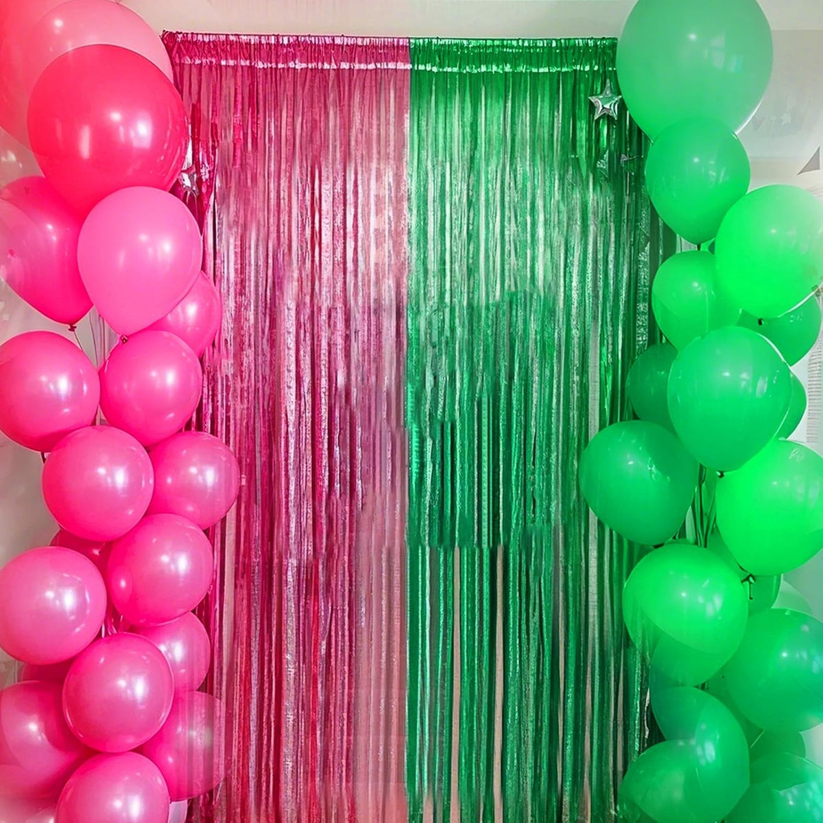 4 Packs Pink and Green Foil Fringe Curtain, Pink Green Metallic Tinsel Backdrop for Birthday, Baby