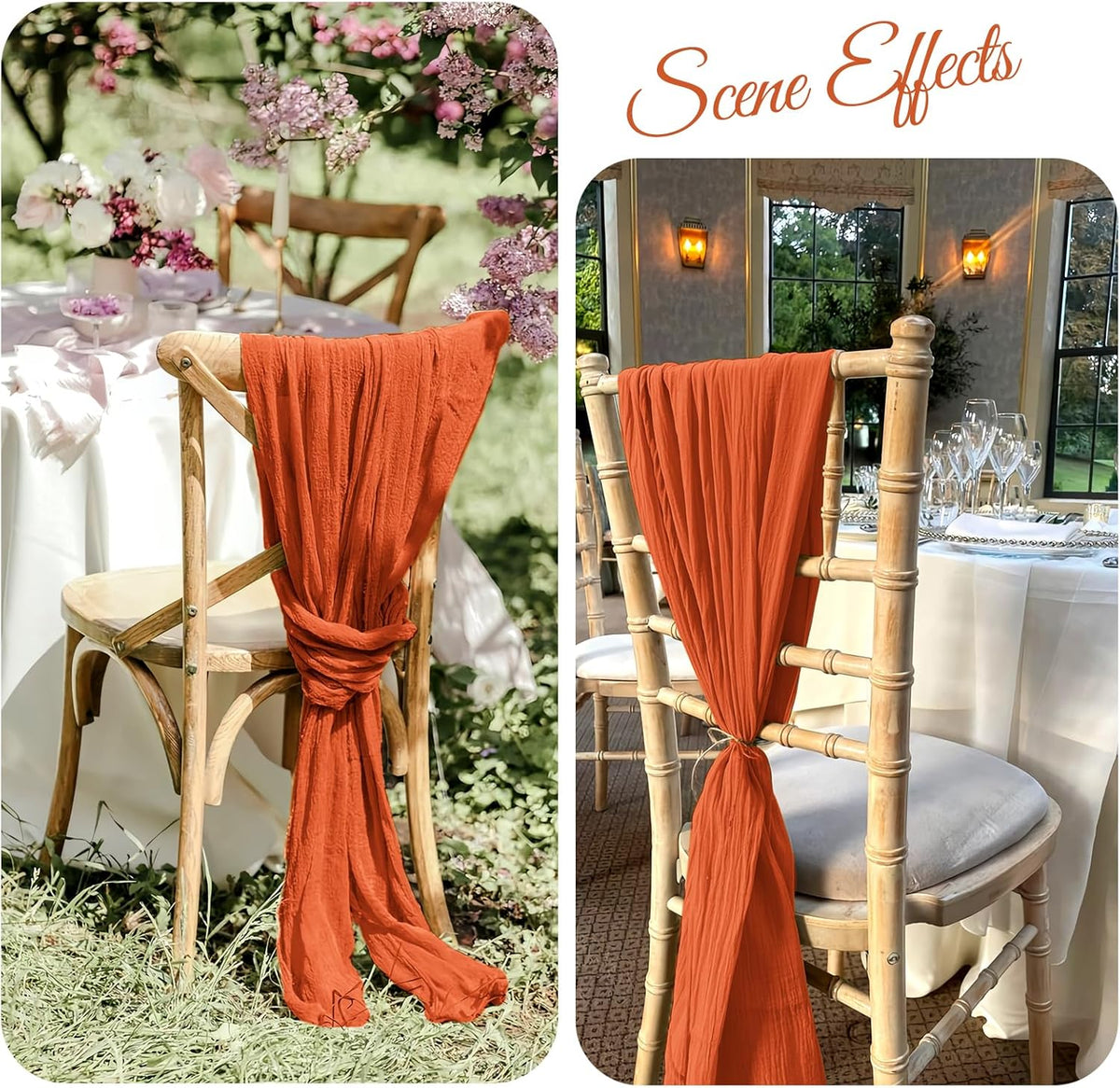 36 Pcs Burnt Orange Cheesecloth Chair Sashes, 16 x 108 inch Gauze Fabric Washable Chair Sashes Bows