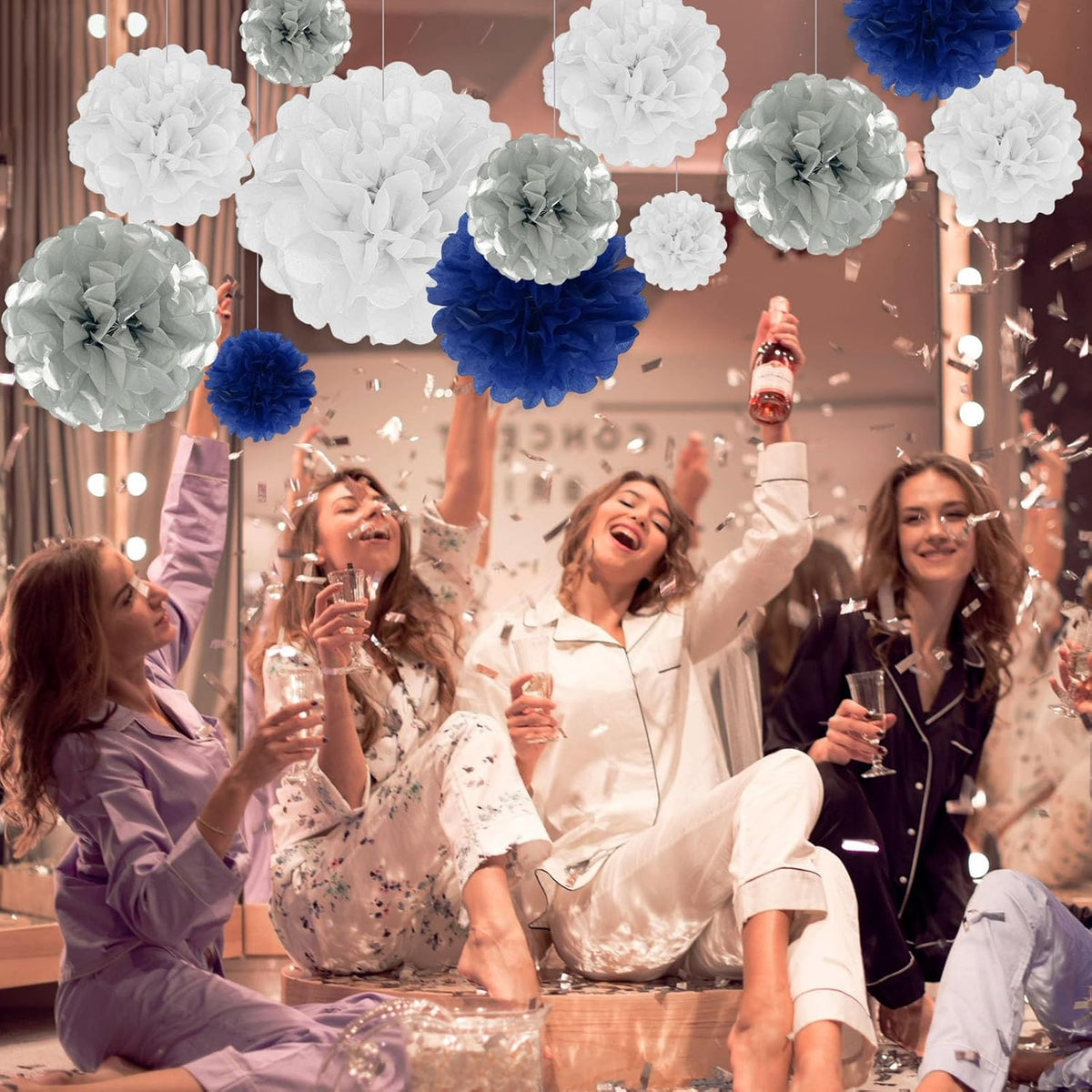 Tissue Paper Pom Poms, Silver Blue White Tissue Paper Flowers, Hanging Flower Balls for Weddings