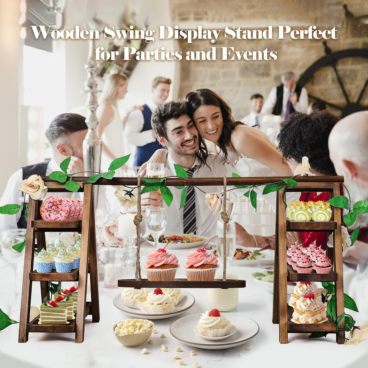 Wooden Cupcake Stand,3 Tier Cake Stands Party Food Display Serving Platter Tray Ladder Stand with