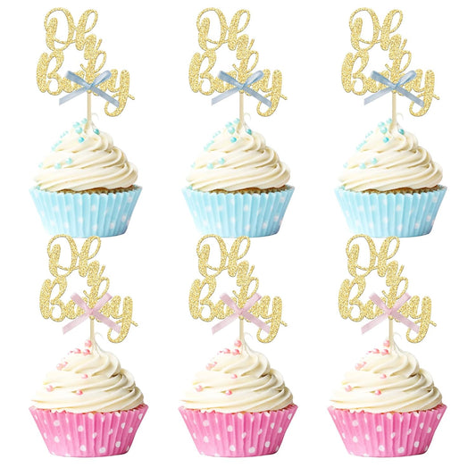 Gyufise 36Pcs Oh Baby Cupcake Toppers with Blue Pink Bowknot Gold Glitter Baby Shower Cupcake Picks