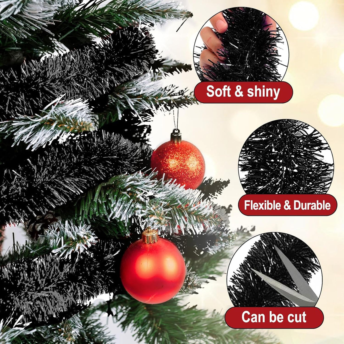 25 Feet Black Christmas Tinsel Garland, Metallic Foil Twist Garland Wall Hanging Tinsel Banner
